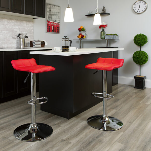 Lowest Price Contemporary Red Vinyl Adjustable Height Barstool with Quilted Wave Seat and Chrome Base