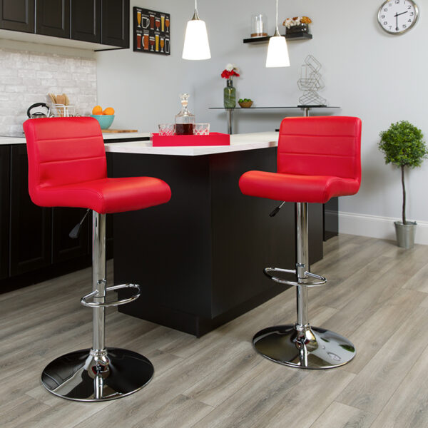Lowest Price Contemporary Red Vinyl Adjustable Height Barstool with Rolled Seat and Chrome Base