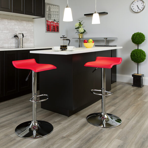 Lowest Price Contemporary Red Vinyl Adjustable Height Barstool with Solid Wave Seat and Chrome Base