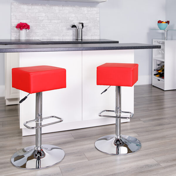 Lowest Price Contemporary Red Vinyl Adjustable Height Barstool with Square Seat and Chrome Base