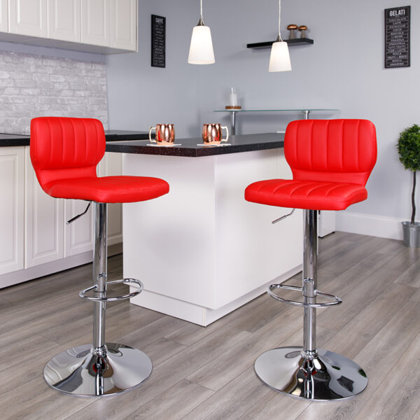 Lowest Price Contemporary Red Vinyl Adjustable Height Barstool with Vertical Stitch Back and Chrome Base
