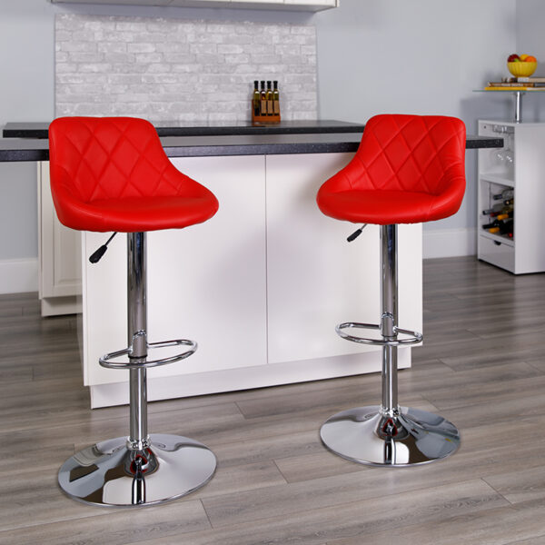 Lowest Price Contemporary Red Vinyl Bucket Seat Adjustable Height Barstool with Diamond Pattern Back and Chrome Base