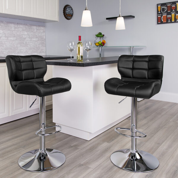 Lowest Price Contemporary Tufted Black Vinyl Adjustable Height Barstool with Chrome Base