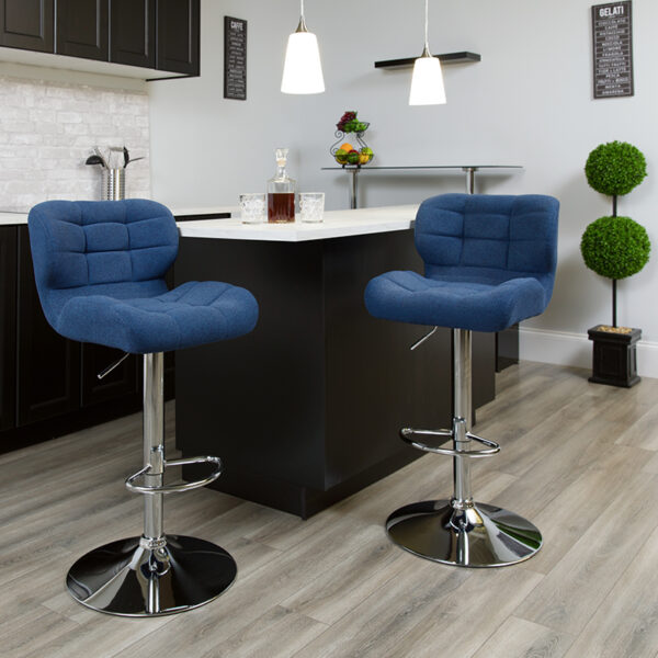 Lowest Price Contemporary Tufted Blue Fabric Adjustable Height Barstool with Chrome Base