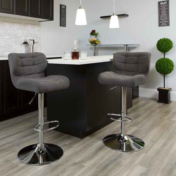 Lowest Price Contemporary Tufted Dark Gray Fabric Adjustable Height Barstool with Chrome Base