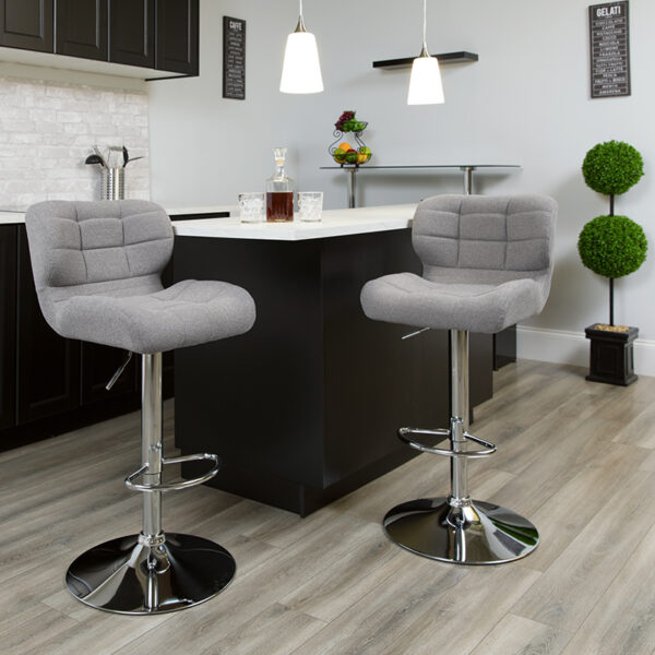 Lowest Price Contemporary Tufted Gray Fabric Adjustable Height Barstool with Chrome Base