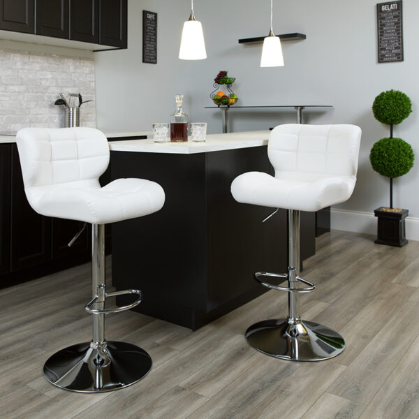 Lowest Price Contemporary Tufted White Vinyl Adjustable Height Barstool with Chrome Base