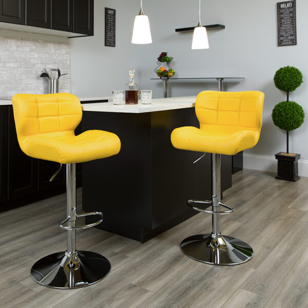 Lowest Price Contemporary Tufted Yellow Vinyl Adjustable Height Barstool with Chrome Base