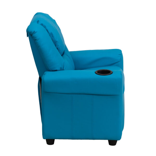 Lowest Price Contemporary Turquoise Vinyl Kids Recliner with Cup Holder and Headrest