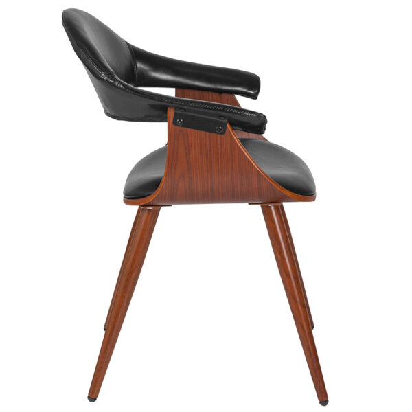 Lowest Price Contemporary Walnut Bentwood Side Reception Chair with Black Leather Back and Seat