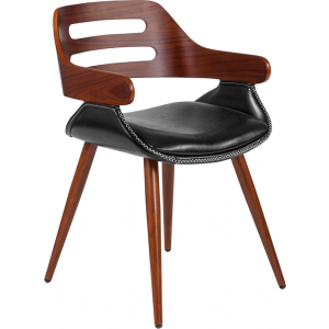 Wholesale Contemporary Walnut Bentwood Side Reception Chair with Cross Stitched Black Leather Seat