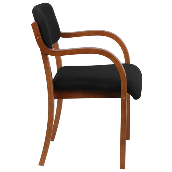 Lowest Price Contemporary Walnut Wood Side Reception Chair with Arms and Black Fabric Seat