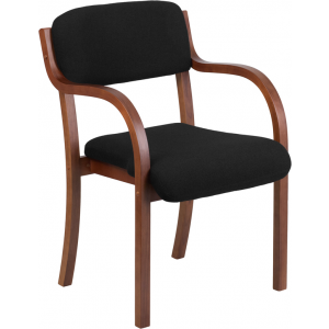 Wholesale Contemporary Walnut Wood Side Reception Chair with Arms and Black Fabric Seat