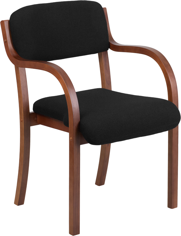 Wholesale Contemporary Walnut Wood Side Reception Chair with Arms and Black Fabric Seat