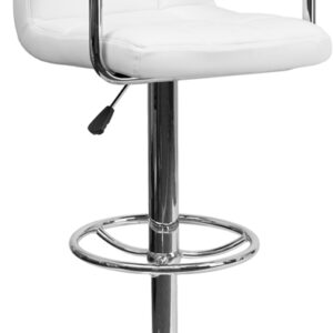 Wholesale Contemporary White Quilted Vinyl Adjustable Height Barstool with Arms and Chrome Base
