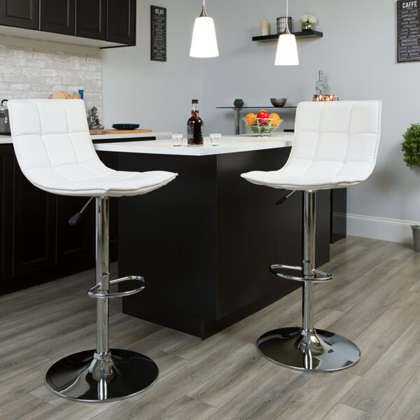 Lowest Price Contemporary White Quilted Vinyl Adjustable Height Barstool with Elongated Curved Back and Chrome Base
