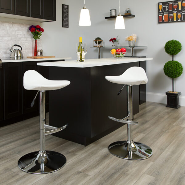 Lowest Price Contemporary White Vinyl Adjustable Height Saddle Style Barstool with Chrome Base