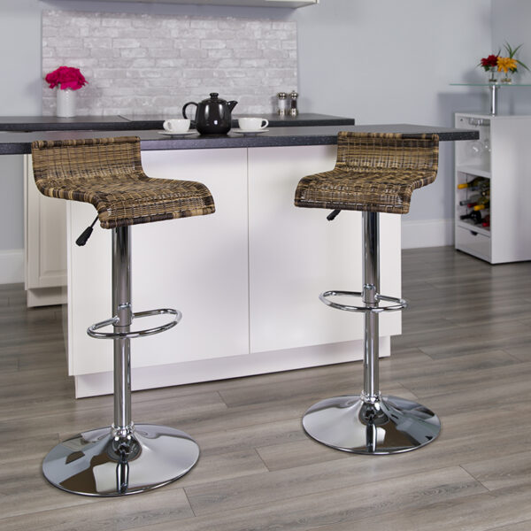 Lowest Price Contemporary Wicker Adjustable Height Barstool with Waterfall Seat and Chrome Base