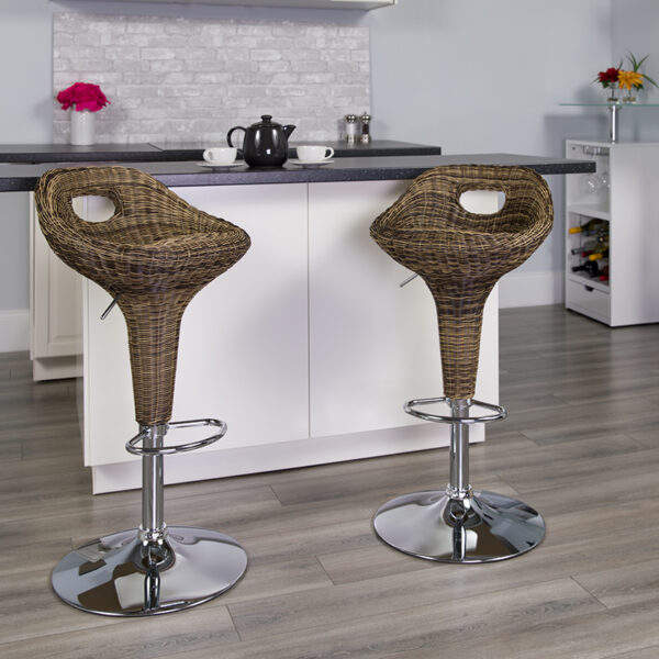 Lowest Price Contemporary Wicker Cutout Back Adjustable Height Barstool with Chrome Base