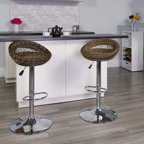 Lowest Price Contemporary Wicker Rounded Back Adjustable Height Barstool with Chrome Base