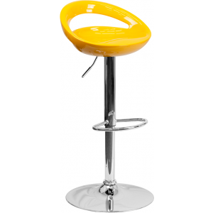 Wholesale Contemporary Yellow Plastic Adjustable Height Barstool with Rounded Cutout Back and Chrome Base