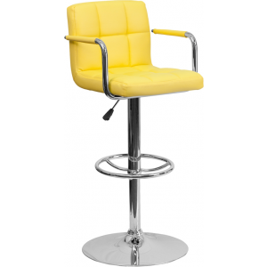 Contemporary Yellow Quilted Vinyl Adjustable Height Bar Stool 
