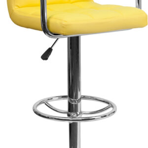 Wholesale Contemporary Yellow Quilted Vinyl Adjustable Height Barstool with Arms and Chrome Base
