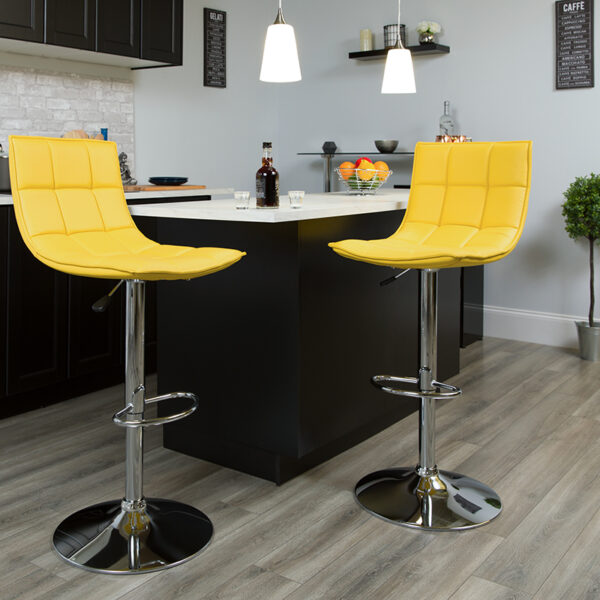 Lowest Price Contemporary Yellow Quilted Vinyl Adjustable Height Barstool with Elongated Curved Back and Chrome Base