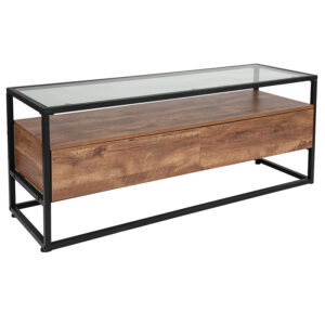 Wholesale Cumberland Collection Glass Coffee Table with Two Drawers and Shelf in Rustic Wood Grain Finish