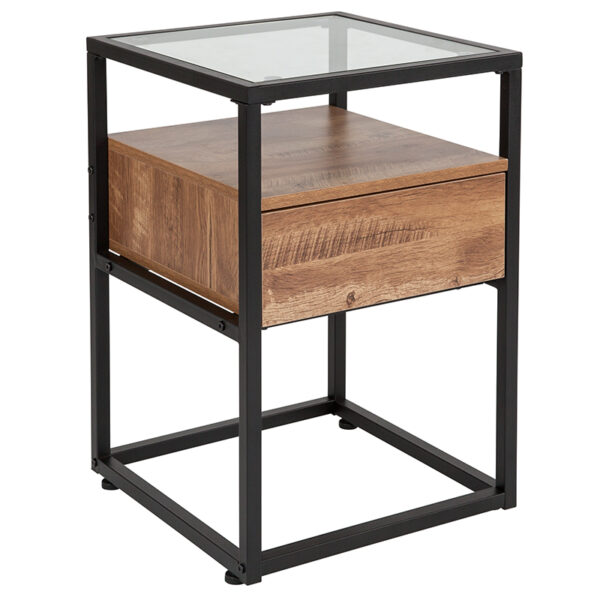 Wholesale Cumberland Collection Glass End Table with Drawer and Shelf in Rustic Wood Grain Finish