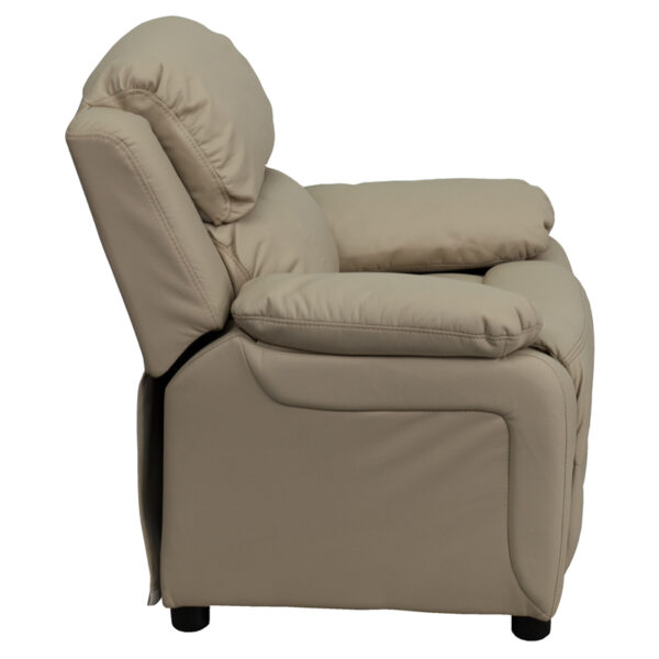 Lowest Price Deluxe Padded Contemporary Beige Vinyl Kids Recliner with Storage Arms