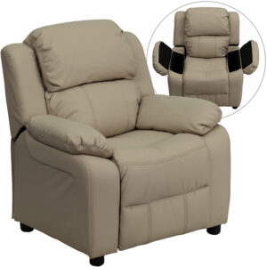 Wholesale Deluxe Padded Contemporary Beige Vinyl Kids Recliner with Storage Arms