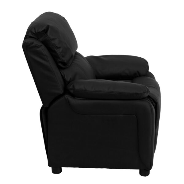 Lowest Price Deluxe Padded Contemporary Black Leather Kids Recliner with Storage Arms