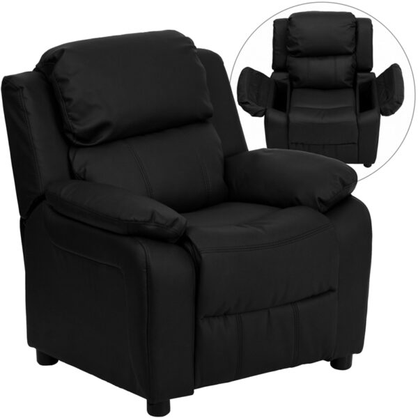 Wholesale Deluxe Padded Contemporary Black Leather Kids Recliner with Storage Arms