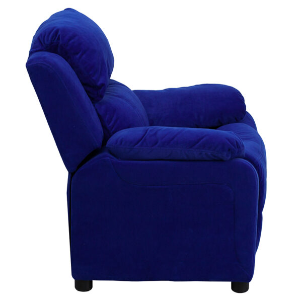Lowest Price Deluxe Padded Contemporary Blue Microfiber Kids Recliner with Storage Arms
