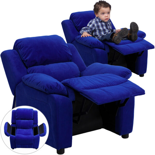 Wholesale Deluxe Padded Contemporary Blue Microfiber Kids Recliner with Storage Arms