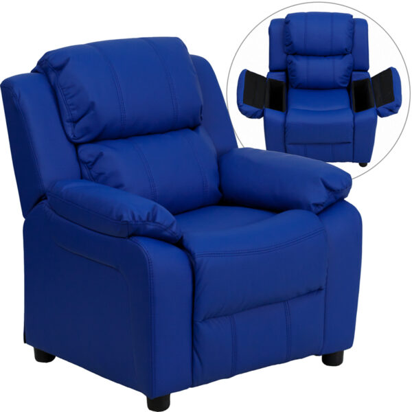 Wholesale Deluxe Padded Contemporary Blue Vinyl Kids Recliner with Storage Arms