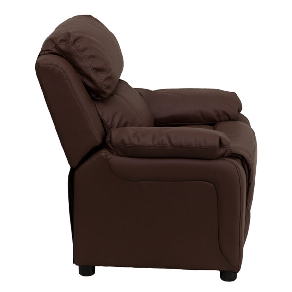 Lowest Price Deluxe Padded Contemporary Brown Leather Kids Recliner with Storage Arms