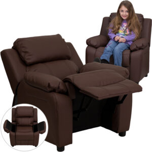 Wholesale Deluxe Padded Contemporary Brown Leather Kids Recliner with Storage Arms