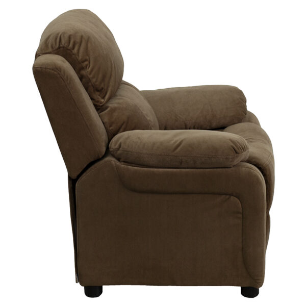 Lowest Price Deluxe Padded Contemporary Brown Microfiber Kids Recliner with Storage Arms