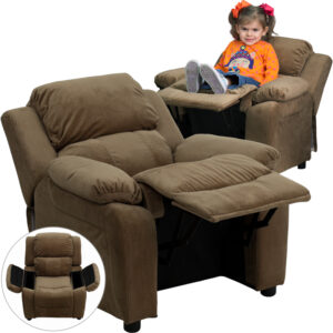 Wholesale Deluxe Padded Contemporary Brown Microfiber Kids Recliner with Storage Arms