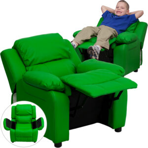 Wholesale Deluxe Padded Contemporary Green Vinyl Kids Recliner with Storage Arms