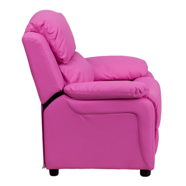 Lowest Price Deluxe Padded Contemporary Hot Pink Vinyl Kids Recliner with Storage Arms