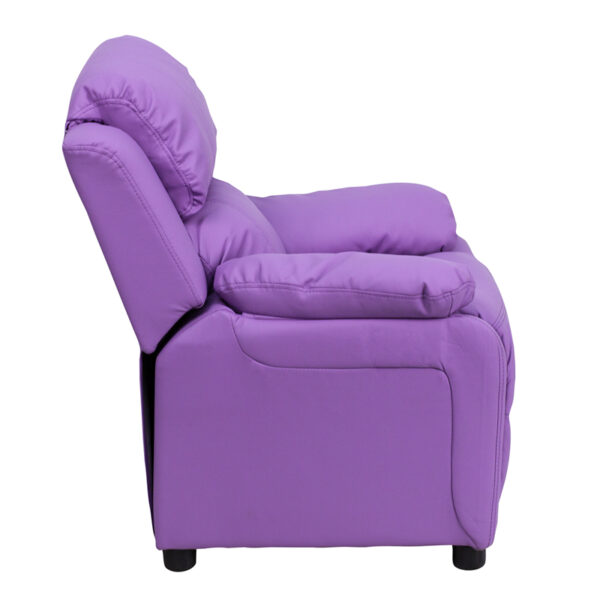 Lowest Price Deluxe Padded Contemporary Lavender Vinyl Kids Recliner with Storage Arms