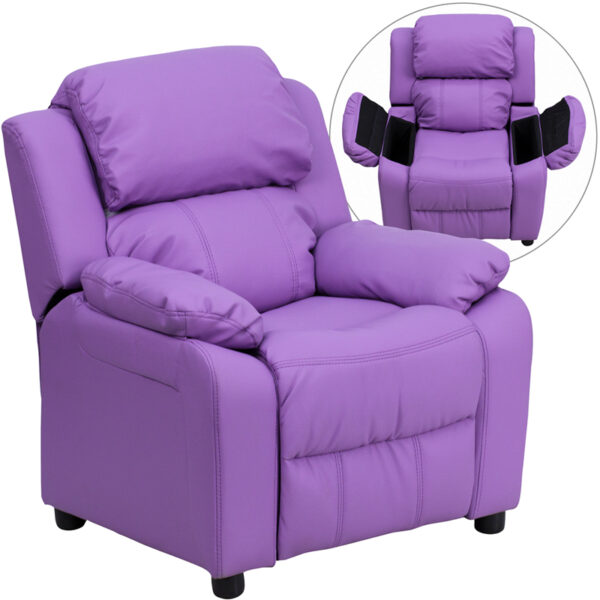 Wholesale Deluxe Padded Contemporary Lavender Vinyl Kids Recliner with Storage Arms