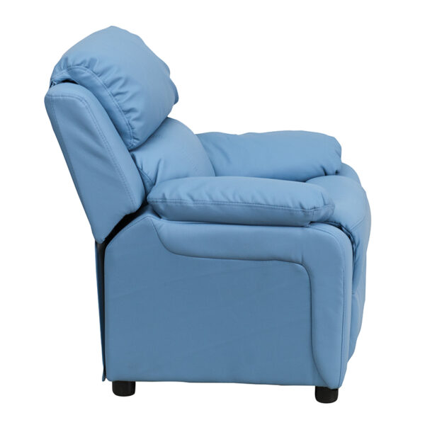 Lowest Price Deluxe Padded Contemporary Light Blue Vinyl Kids Recliner with Storage Arms