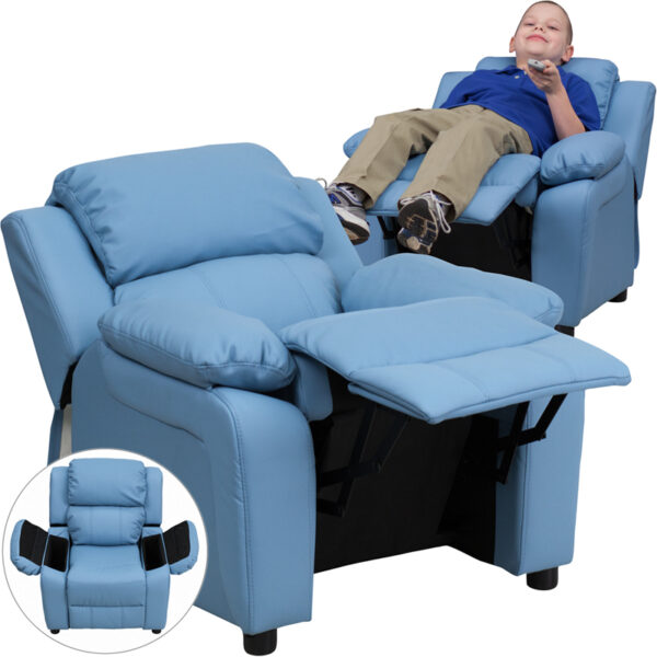 Wholesale Deluxe Padded Contemporary Light Blue Vinyl Kids Recliner with Storage Arms