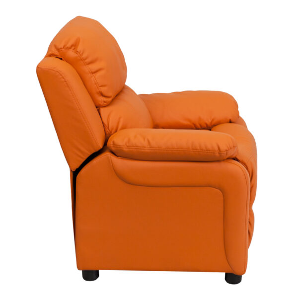 Lowest Price Deluxe Padded Contemporary Orange Vinyl Kids Recliner with Storage Arms