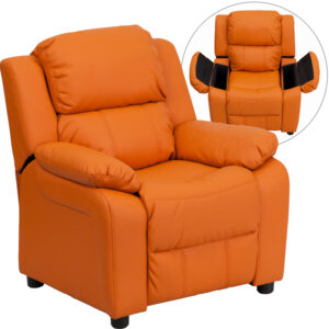 Wholesale Deluxe Padded Contemporary Orange Vinyl Kids Recliner with Storage Arms