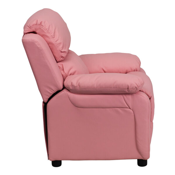 Lowest Price Deluxe Padded Contemporary Pink Vinyl Kids Recliner with Storage Arms